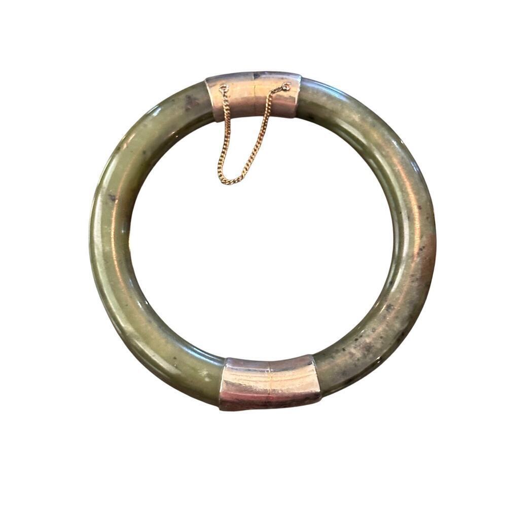 Vintage Chinese Asian Green Jade Hinged Safety Chain Gold Plated Bangle Bracelet